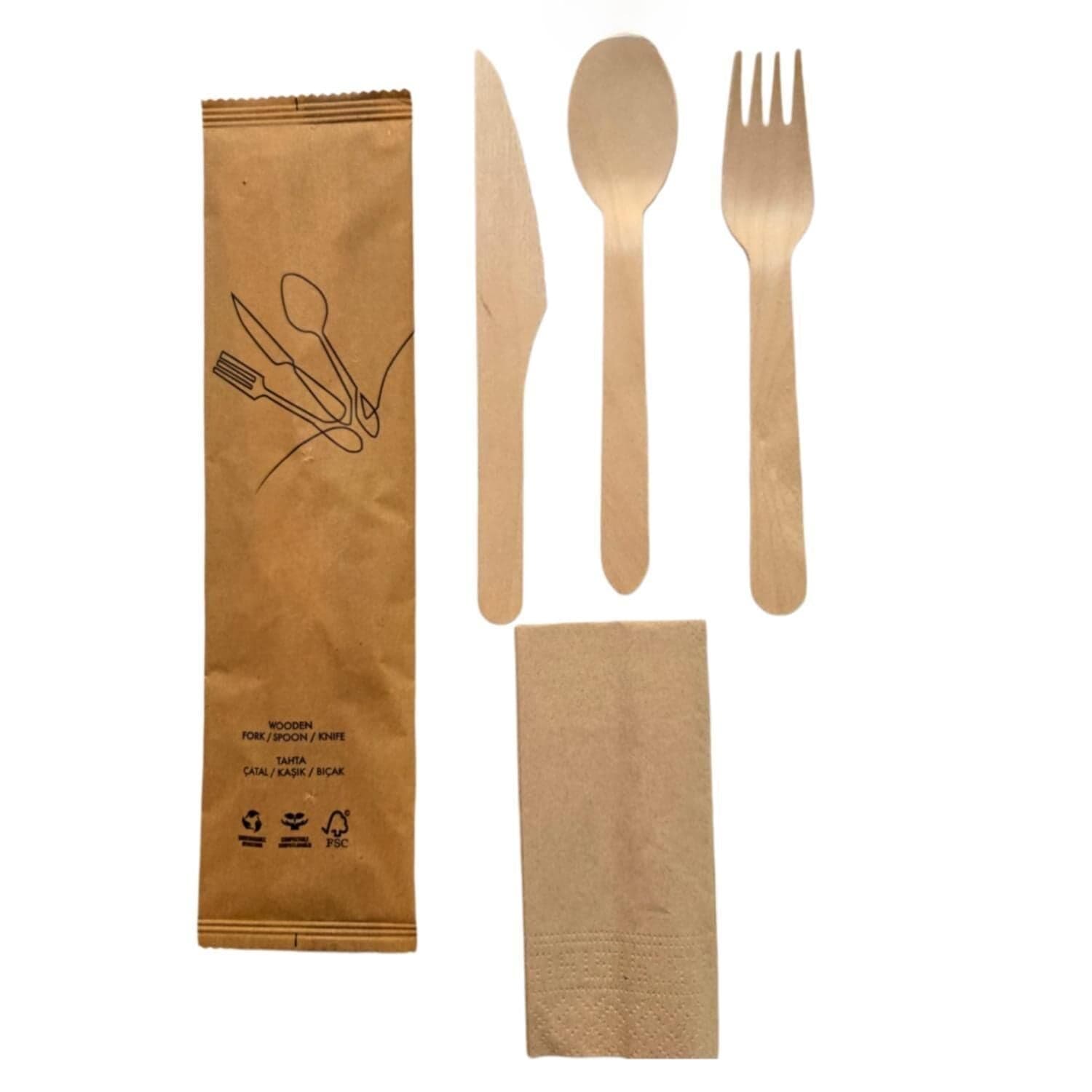 კრაფტის ქაღალდის შეფუთული ხის ჩანგლის დანის კოვზის ნაკრები 4 ცალი